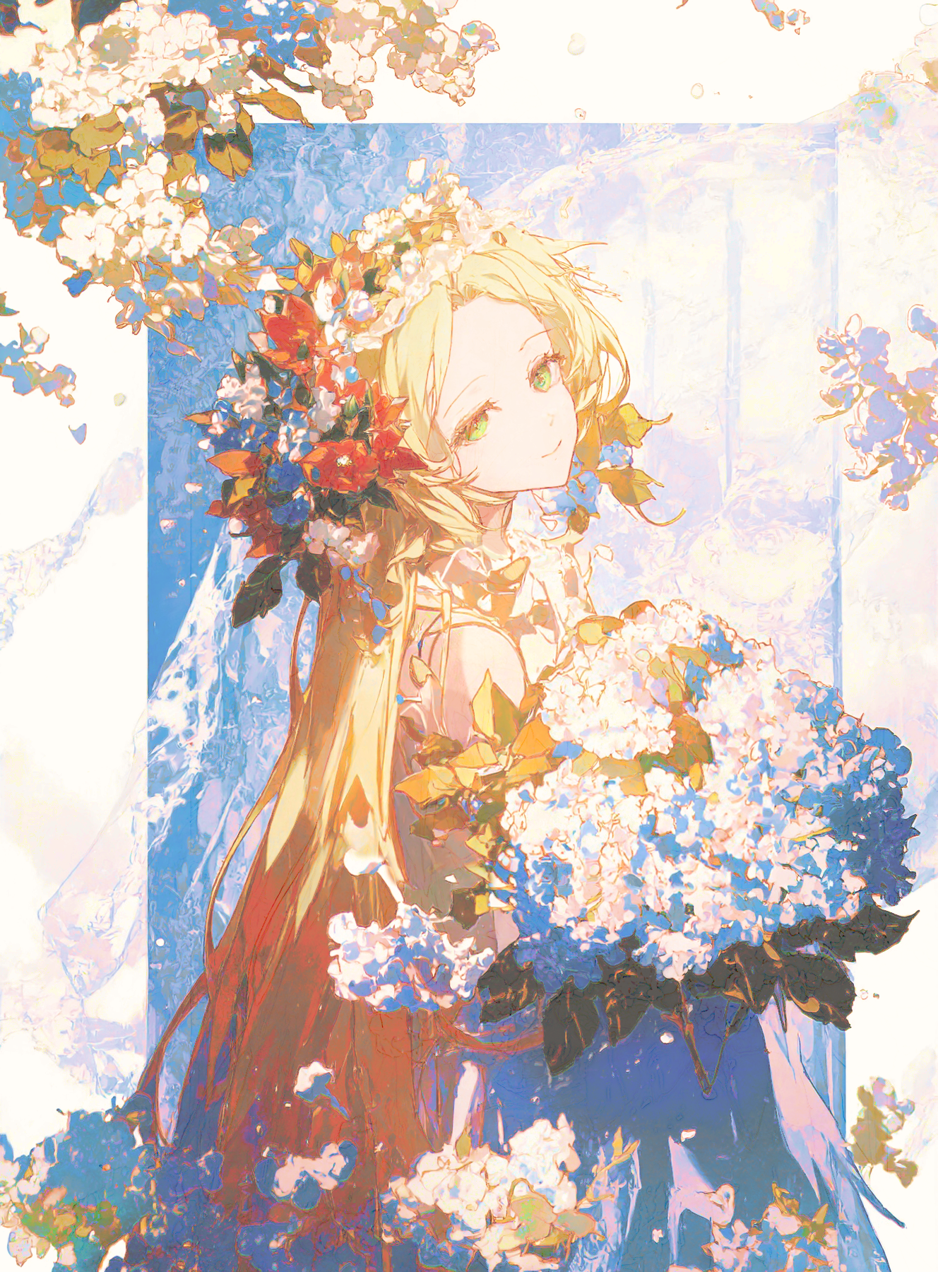 b74_holy, girl with long blonde hair and green eyes. pov from above. She is wearing a white wedding dress with a veil over her head. smile facing viewer head tilt.The veil is made up of small white flowers and leaves, and she is holding a bouquet of [blue and white:red and pink: 5] flowers in her hands. viewer is looking from behind and she is looking and turning back and veil is floating, she is smiling and mouth open  The girl has a peaceful expression on her face and is looking off to the side. The background is white, and the overall mood of the image is romantic and dreamy.[white theme:blue theme:5] <lora:AnimeLight-v2-000103:.4>  <lora:Bright_aesthetical_r1-000002:1.25>beautiful anime artwork,  Her eyes, deep with shimmering light, hold an ethereal glow, and tears or droplets of water seem to hang from her lashes. Surrounding her are intricately detailed hydrangea flowers, softly blending into the lace of her bonnet and dress. soft [blues and purples:red and pink:5] creating a serene, almost otherworldly atmosphere, as if sheâs part of a quiet, rainy morning in a magical world. good lightning and shadow