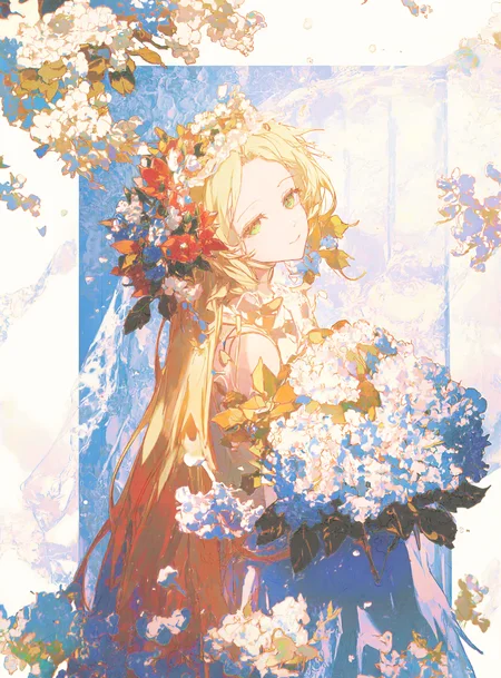 b74_holy, girl with long blonde hair and green eyes. pov from above. She is wearing a white wedding dress with a veil over her head. smile facing viewer head tilt.The veil is made up of small white flowers and leaves, and she is holding a bouquet of [blue and white:red and pink: 5] flowers in her hands. viewer is looking from behind and she is looking and turning back and veil is floating, she is smiling and mouth open  The girl has a peaceful expression on her face and is looking off to the side. The background is white, and the overall mood of the image is romantic and dreamy.[white theme:blue theme:5] <lora:AnimeLight-v2-000103:.4>  <lora:Bright_aesthetical_r1-000002:1.25>beautiful anime artwork,  Her eyes, deep with shimmering light, hold an ethereal glow, and tears or droplets of water seem to hang from her lashes. Surrounding her are intricately detailed hydrangea flowers, softly blending into the lace of her bonnet and dress. soft [blues and purples:red and pink:5] creating a serene, almost otherworldly atmosphere, as if sheâs part of a quiet, rainy morning in a magical world. good lightning and shadow