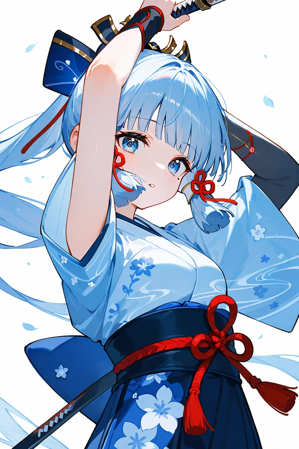 (score_9,score_8_up,score_7_up),<lora:Kamisato Ayaka(Genshin Impact)-v1:1>,Kamisato Ayaka(Genshin Impact),1girl,weapon,sword,holding sword,solo,japanese clothes,holding,holding weapon,long hair,white background,kimono,blue eyes,bangs,looking at viewer,hair ribbon,ribbon,wide sleeves,hair ornament,blunt bangs,parted lips,floral print,upper body,katana,long sleeves,white kimono,tress ribbon,blue hair,mole under eye,sidelocks,light blue hair,red ribbon,mole,white hair,alternate costume,print kimono,alternate hairstyle,obi,breasts,floating hair,bow,sash,arms up,from side,flower knot,hair bow,
NSFW,expressive,amazing quality,ultra hd 32k,