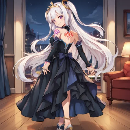 score_9, score_8_up, score_7_up, source anime, BREAK, ((from behind)), looking back, standing, <lora:Ivris:0.7> , ivdef, 1girl, long hair, very long hair, white hair, two side up, sidelocks, purple eyes, tiara, ring hair ornament, bare shoulders, shoulder tattoo, sleeveless dress, halterneck, black dress, long dress, detached sleeves, black sleeves, sleeves past wrists, anklet, boots, <lora:m4gXLP:0.55> , m4g, looking at viewer, night, living room, lobby, <lora:backgroundsetXL:0.2> , background, (solo), smile, head tilt, <lora:hand 4:0.4> , Hand, hands, perfect hands,