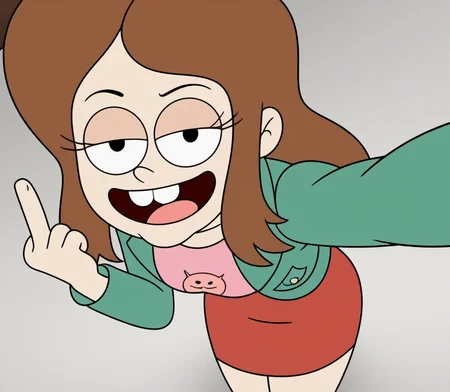 solo, 1girl, cecan1, brown hair, long hair, half closed eyes, smug, tongue out, red skirt, green jacket, middle finger, smile, upper teeth only, pov from above, buck teeth, medium breasts, aged up, selfie, <lora:cecan1-000009:1>,