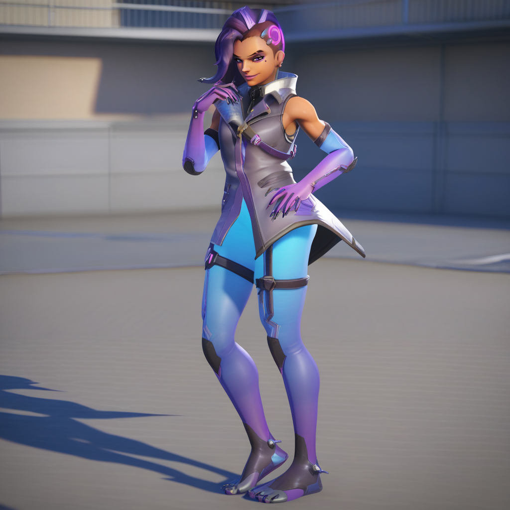 score_9, score_8_up, score_7_up, score_6_up, score_5_up, score_4_up,  <lora:Sombra:0.8>, sombr20, 1girl, purple eyes, purple hair, multicolored hair, dark-skinned female, two-tone hair, gradient, mole under eye, eyeshadow, lipstick, asymmetrical hair, high collar, eyeliner, undercut, purple lips, bodysuit,  elbow gloves, thigh strap, skin tight, shiny clothes, pants, full body,