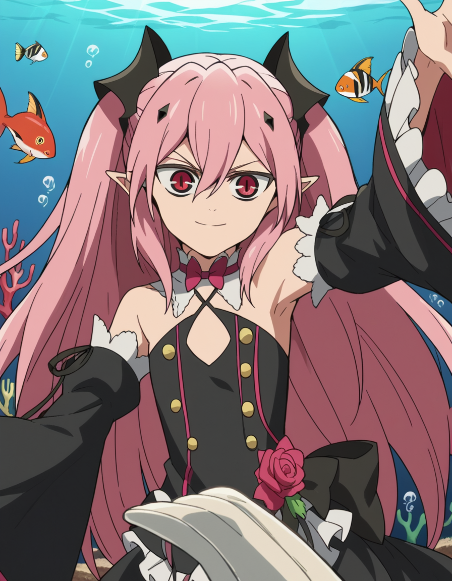 score_9, score_8_up, score_7_up, source_anime, <lora:krul-tepes-s2-ponyxl-lora-nochekaiser:1>, krul tepes, long hair, red eyes, pink hair, pointy ears, hair ornament, anime screencap, dress, bare shoulders, detached sleeves, wide sleeves, detached collar, black dress, bowtie,, seafloor, coral, fish, underwater, blue, smile, on back, arm support, arms up, incoming hug, pov, reaching, reaching towards viewer,, looking at viewer, solo,, dutch angle, cowboy shot