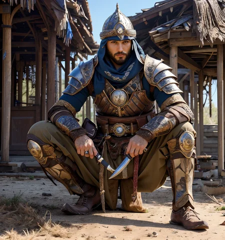RAW photo, (masterpiece:1.3), subsurface scattering, heavy shadow, (high quality:1.4), (intricate, high detail:1.2), professional photography, HDR, High Dynamic Range, realistic, ultra realistic, photorealistic, high resolution, film photography, ambient lighting, atmospheric effects, <lora:detail_slider_v4:2>, OverallDetail,   <lora:ArabianArmor:1>, 1boy, arar, armor, beard, belt, brown eyes, brown pants, elbow gloves, full body, helmet, holding weapon, jewelry, looking at viewer, male focus, sheath, solo