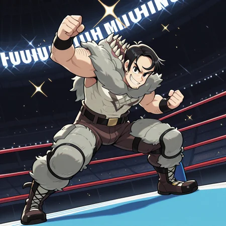 Dynamic pose, dynamic view, dynamic angle, cartoon source, solo, male focus, 1boy, beowulf, male,Black eyes, Black hair, sideburns, facial hair, mucular body, wolf suit, Upper body, Big pecs, official art, solo, fighting stance, full body, grin, looking at viewer, wrestling ring, stadium, sparkle,
perfect anatomy, masterpiece, perfect quality, best quality, detailed, newest, very aesthetic