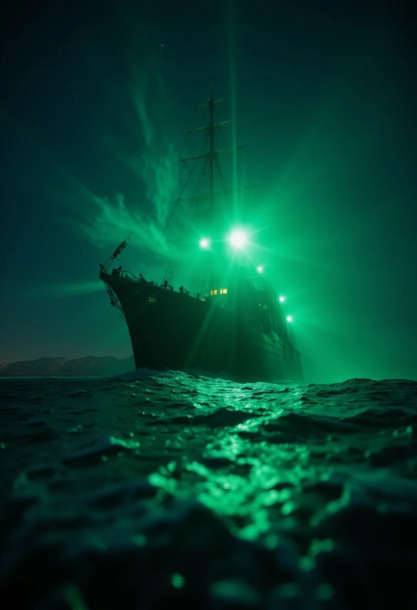 mysterious, a ghostly ship sailing through a foggy night, spectral crew members visible on deck, eerie green glow emanating from the ship, haunting and atmospheric
, aidmafluxpro1.1, aidmaHyperrealism, aidmaExperimentalPhotography