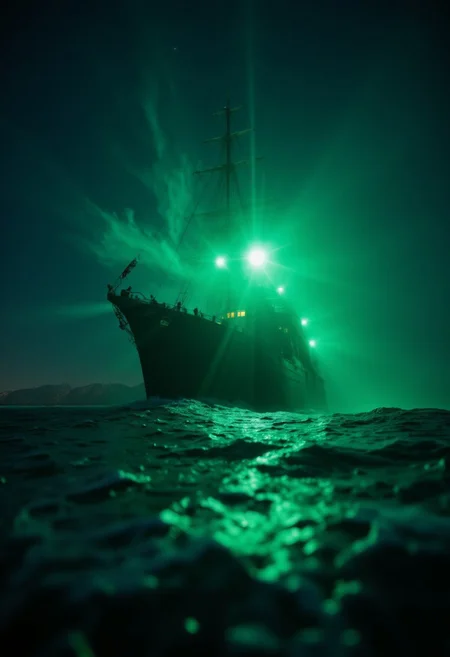 mysterious, a ghostly ship sailing through a foggy night, spectral crew members visible on deck, eerie green glow emanating from the ship, haunting and atmospheric
, aidmafluxpro1.1, aidmaHyperrealism, aidmaExperimentalPhotography