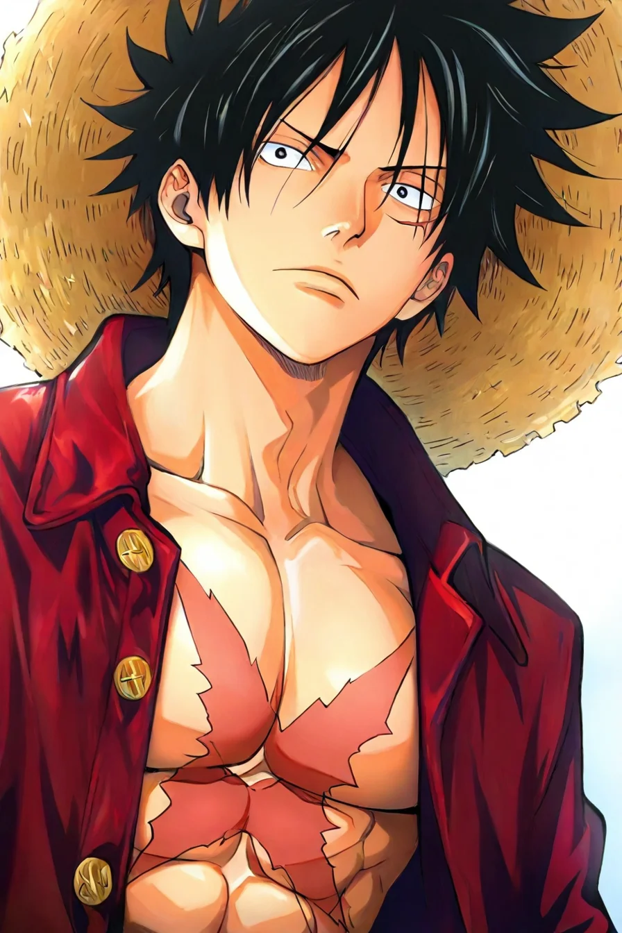 <lora:LUFFY_pony_XL:0.6>, (Luffy:0.5), red jacket, scar on chest, straw hat, black hair, 1boy, solo, alone, <lora:oh_great_style_illustriousXL:1>, oh_great_style, masterpiece, highres