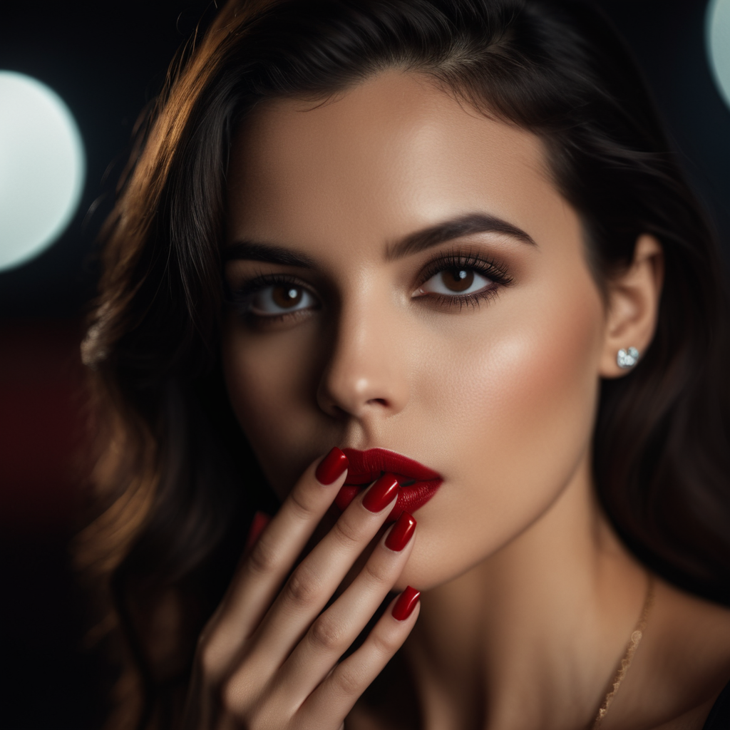 cinematic film still of  <lora:hand 5.5:0.9>
a woman with a red lip and a red manicure touching her lips, shallow depth of field, vignette, highly detailed, high budget, bokeh, cinemascope, moody, epic, gorgeous, film grain, grainy