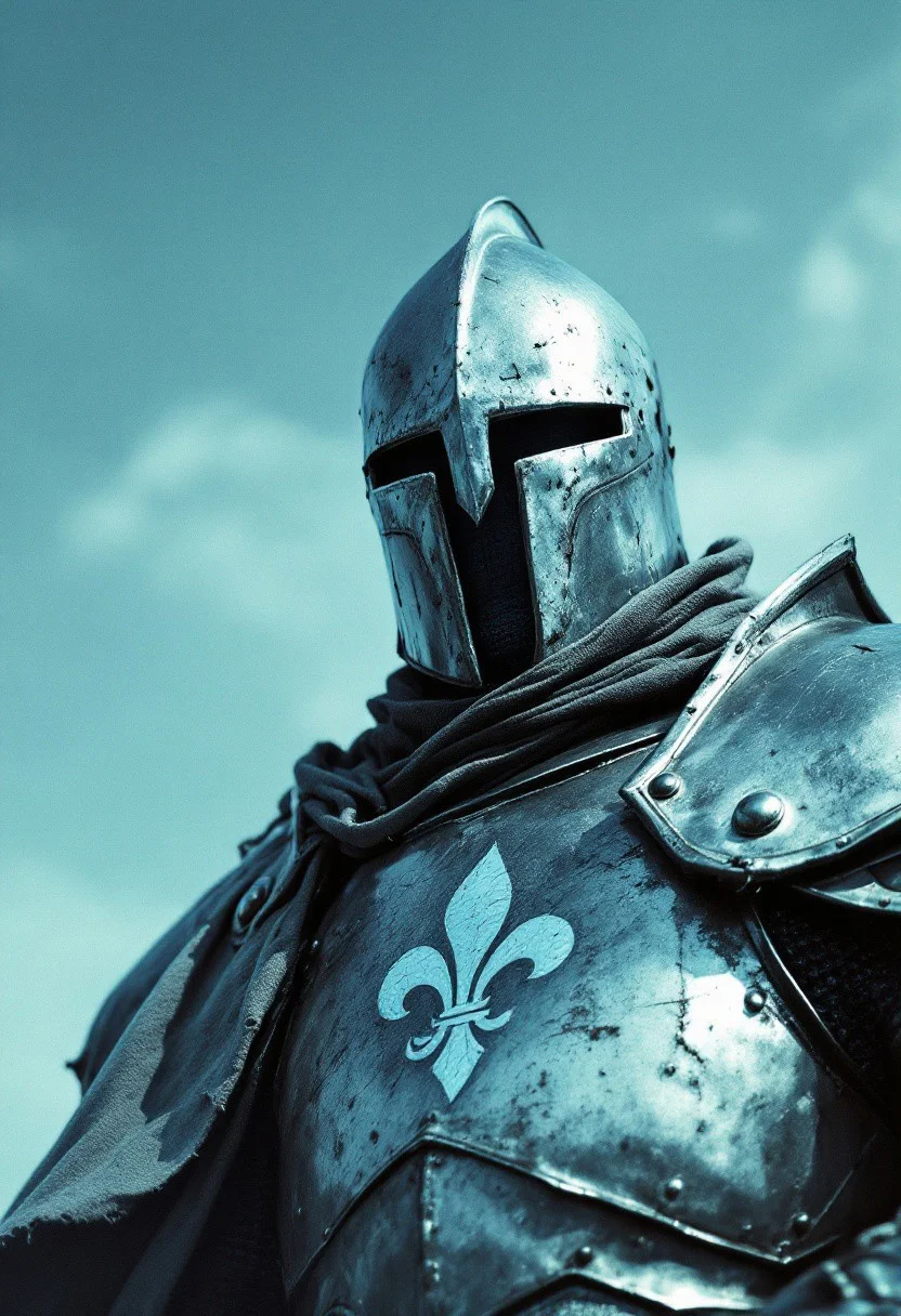 A ruined monochrome film photograph captures an extreme close-up of a lone, heroic knight — broad-shouldered, resolute, and radiating quiet strength. His angular face, partially veiled by a battered yet noble steel helm, reflects the cold light of a vast, blue sky above, sharp teeth. Etched into the shining breastplate of his weathered armor is a proud lily emblem, its delicate form standing in stark contrast to the scarred metal. The knight’s shoulders, armored and heavy from countless battles, gleam dully under the pale, desaturated light. A heavy sword, simple yet majestic, rests against his back, its worn hilt wrapped in faded cloth. His cloak, once richly dyed, now torn and muted, flutters behind him in the whisper of a high wind. The armor is a blend of rough steel and intricate detailing, a testament to forgotten craftsmanship. Around him, the scene is washed out in soft, broken grays and silvers, with only the endless blue sky injecting color into the otherwise solemn world. Dust and scratches on the film create a ghostly halo around him, as if he were a relic of a lost age. His gaze, steely and unwavering, pierces through the desolation — a final symbol of honor and hope in a collapsing, ancient world.