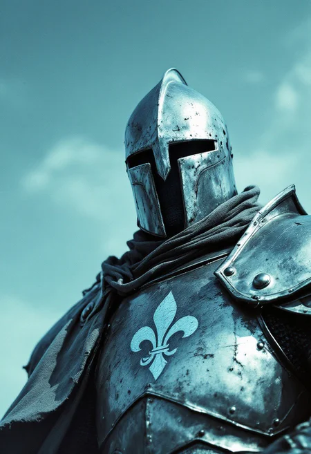 A ruined monochrome film photograph captures an extreme close-up of a lone, heroic knight — broad-shouldered, resolute, and radiating quiet strength. His angular face, partially veiled by a battered yet noble steel helm, reflects the cold light of a vast, blue sky above, sharp teeth. Etched into the shining breastplate of his weathered armor is a proud lily emblem, its delicate form standing in stark contrast to the scarred metal. The knight’s shoulders, armored and heavy from countless battles, gleam dully under the pale, desaturated light. A heavy sword, simple yet majestic, rests against his back, its worn hilt wrapped in faded cloth. His cloak, once richly dyed, now torn and muted, flutters behind him in the whisper of a high wind. The armor is a blend of rough steel and intricate detailing, a testament to forgotten craftsmanship. Around him, the scene is washed out in soft, broken grays and silvers, with only the endless blue sky injecting color into the otherwise solemn world. Dust and scratches on the film create a ghostly halo around him, as if he were a relic of a lost age. His gaze, steely and unwavering, pierces through the desolation — a final symbol of honor and hope in a collapsing, ancient world.