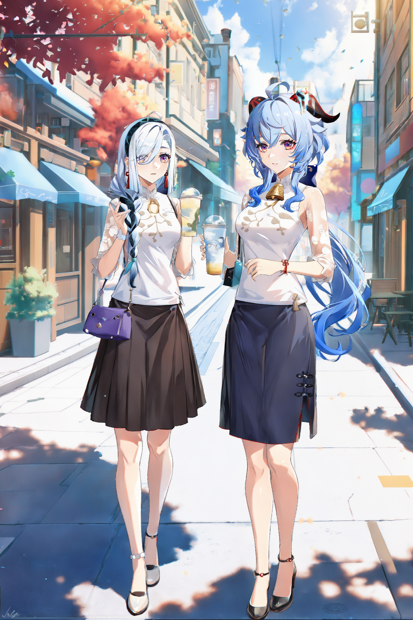 8k, best quality, masterpiece, (ultra-detailed:1.1), (high detailed skin), 
<lora:ganshenxian-A3-Tanger-000010:0.8>, 2girls, Ganyu's casual clothes, shenhe's casual clothes, ganyu \(genshin impact\), shenhe \(genshin impact\), long hair, blue hair, horns, purple eyes, ahoge, skirt, bangs, outdoors, street,