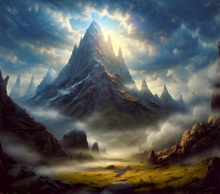 RAW photo, (masterpiece:1.3), subsurface scattering, heavy shadow, (high quality:1.4), (intricate, high detail:1.2), professional photography, HDR, High Dynamic Range, realistic, ultra realistic, photorealistic, high resolution, film photography, ambient lighting, atmospheric effects, <lora:detail_slider_v4:2>, OverallDetail, epic medieval fantasy, fanmou, a huge and sinister mountain peak in the background shrouded in fog and dark clouds, <lora:Fantasy_Mountains:1>, <lora:fantasyAI:0.6>, tanjoreai, epiCPhoto