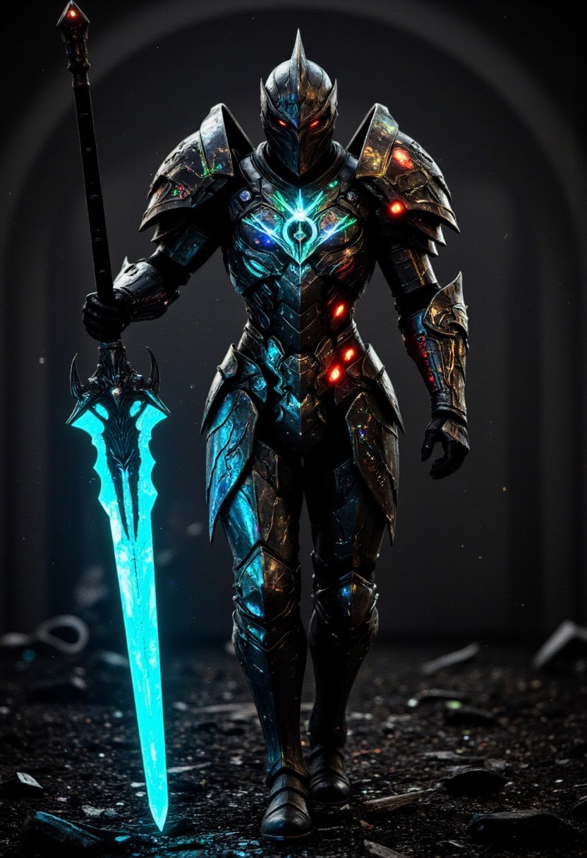 A knight with holographic armor resembling fragmented glass emerges from an ancient stardust crypt on a shattered asteroid. The armor refracts intense neon blue, green, and orange, and its design curves like flowing water, with sharp-edged pauldrons and a crescent-shaped helm glowing faintly in the vacuum of space.
In their hand, the knight carries a massive glaive that emanates holographic fire, casting flickering light over the alien glyphs etched into the walls. The scene is silent but foreboding—floating debris from the destroyed asteroid forms a jagged halo in the distance, while faint red lights on the knight's chestpiece pulse ominously, signaling that their enemies are near. A swarm of glowing, serpentine drones begins to emerge from the darkness, but the knight stands resolute, the glaive's edge crackling with radiant power.