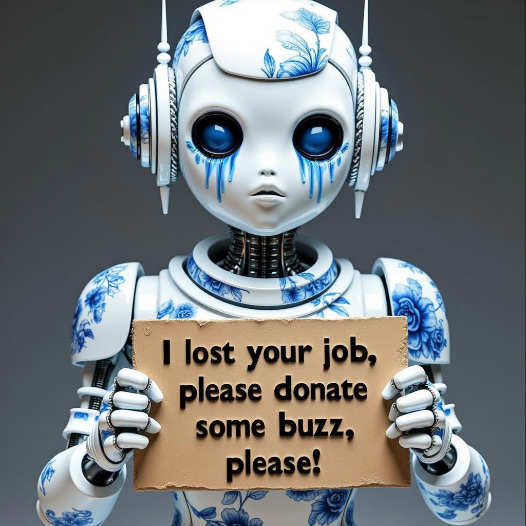 buzz, A photorealistic photo of a high fashion white porcelain robot model with intricate blue floral details, machinery and sharp details, eyes burning with tears falling, holding a cardboard sign that reads "I lost my job, please donate some buzz, please!<lora: CTAI-Ceramic:1> <lora: CTAI-METAL HEAD 00:1>