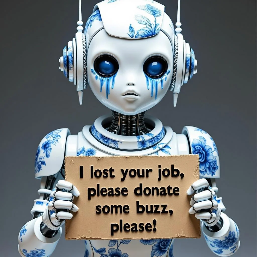 buzz, A photorealistic photo of a high fashion white porcelain robot model with intricate blue floral details, machinery and sharp details, eyes burning with tears falling, holding a cardboard sign that reads "I lost my job, please donate some buzz, please!<lora: CTAI-Ceramic:1> <lora: CTAI-METAL HEAD 00:1>