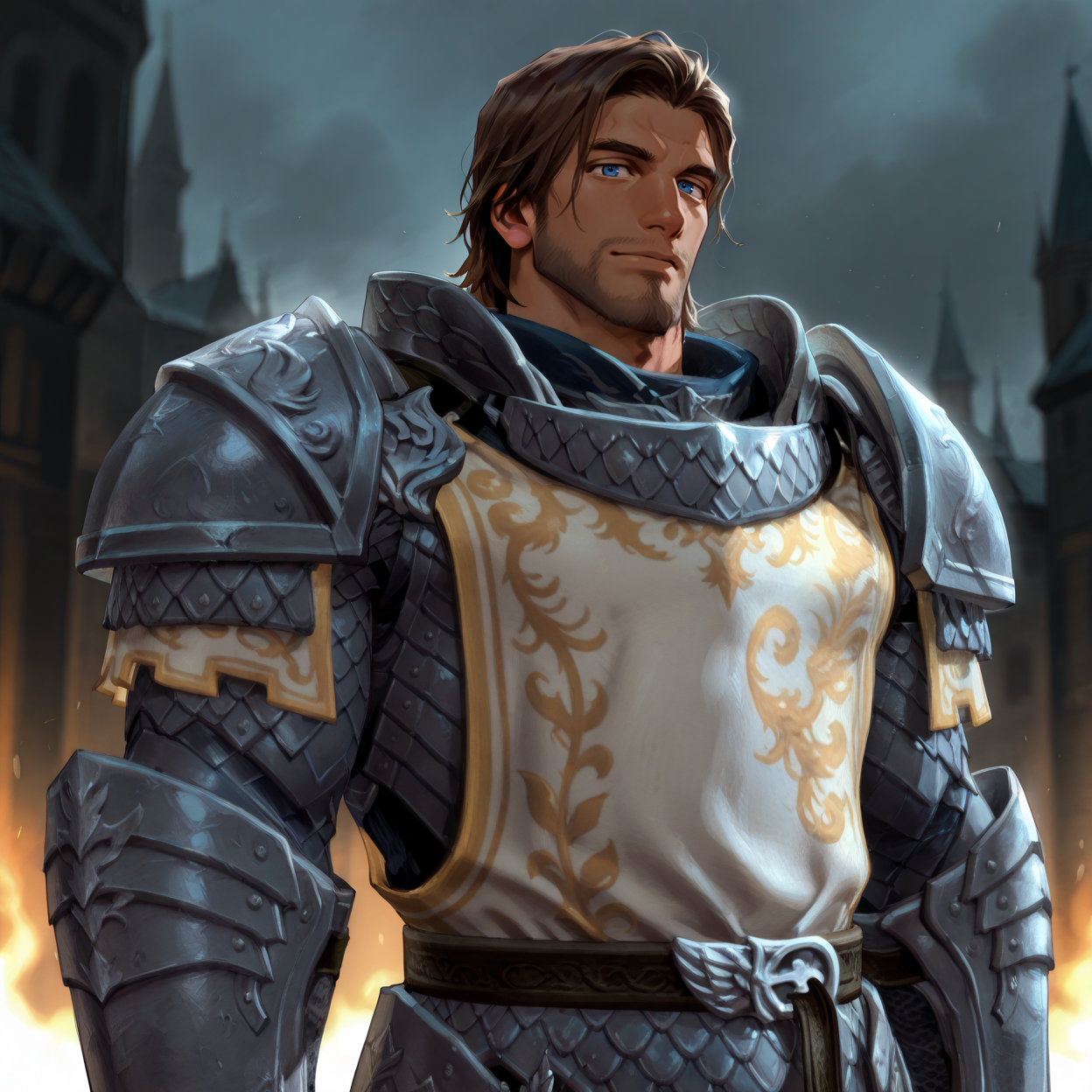 <lora:Guild Wars 2 - Logan Thackeray - Illustrious-000004:.8> gw2logan, 1boy, mature male, brown hair, medium hair, blue eyes, stubble, breastplate, pauldrons, chainmail, tabard, gauntlets, belt, tassets, pants, boots
upper body, looking at the viewer,
(very short hair, beard, bara, mature, facial hair, stubble, beard, full beard, sideburn, beard, a lot of beard, ), facial hair,male focus, muscular male, muscular male, bara, mature,  bara, mature, aixiwuganda_(20222192), very awa, masterpiece, best quality, absurdres, newest, perfect quality, detailed background, intricate details,
<lora:slider_Body Type_alpha1.0_rank4_noxattn_last:3><lora:Anime Summer Days 2 Style SDXL_LoRA_Pony Diffusion V6 XL:.6><lora:slider_cfg_scale_boost:.7><lora:Artist6p:.55>, Artist6p, Artist04p,<lora:slider_il_brightness_slider_d1:-1><lora:slider_il_contrast_slider_d1:-1><lora:slider_DarkSlider1.2_alpha1.0_rank16_full_300steps:-.6>