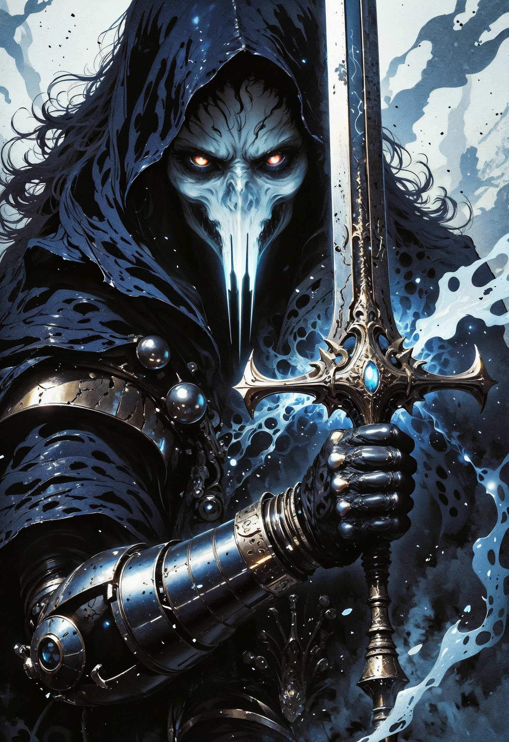 (in Krenz Cushart style:1.2), high-quality, masterpiece, A ghostly swordswoman, her face partially illuminated by the blade of her cracked sword, The camera focuses tightly on her eyes burning with a fierce ghostly light as she prepares to strike, Her breath fogs in the cold air, the faint glow of her skeletal hand grips the sword hilt with fractured armor trailing mist, The blurred battlefield behind her hints at fallen enemies and rising spirits, high contrast, dramatic close-up, motion blur, eerie glow, (elaborate fine details:1.1), (elaborately detailed attire with extraordinary elements:1.1), (hyperdetailed:1.1), (intricate details:1.0), (Refined details:1.1), (best quality:1.1), (high resolution:1.2)