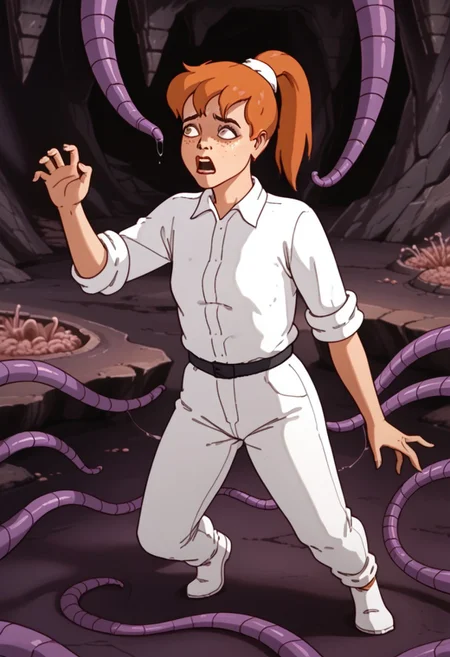 score_8, amba, 1girl, solo, ponytail, orangee hair, white shirt, white pants, sleeves rolled up, collared shirt, 1980s, freckles, white scrunchie, black belt, white footwear, brown eyes, interior, cave, full body, tied with tentacles, segmented tentacles, purple tentacles, frightened face, scared pose,