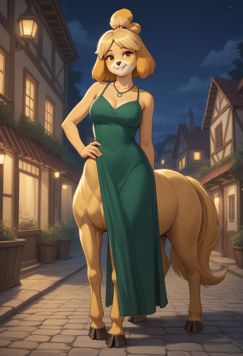 score_9,score_8_up,score_7_up,score_6_up,score_5_up,score_4_up, BREAK Isabelle, centaur, solo, smile, village, night, hooves, yellow horse tail, swept bangs, yellow fur, green dress, eyelashes, romantic, full body, hand on hip, ((furry, dog)), necklace