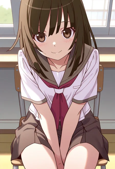 <lora:illustrious_XL_nadeko:0.9>,nadeko,masterpiece,best quality,good quality,1girl,solo,long hair,long bangs,school_uniform,sailor,day,indoor,classroom,v_arms,sitting_on_chair,smile,light_blush,
