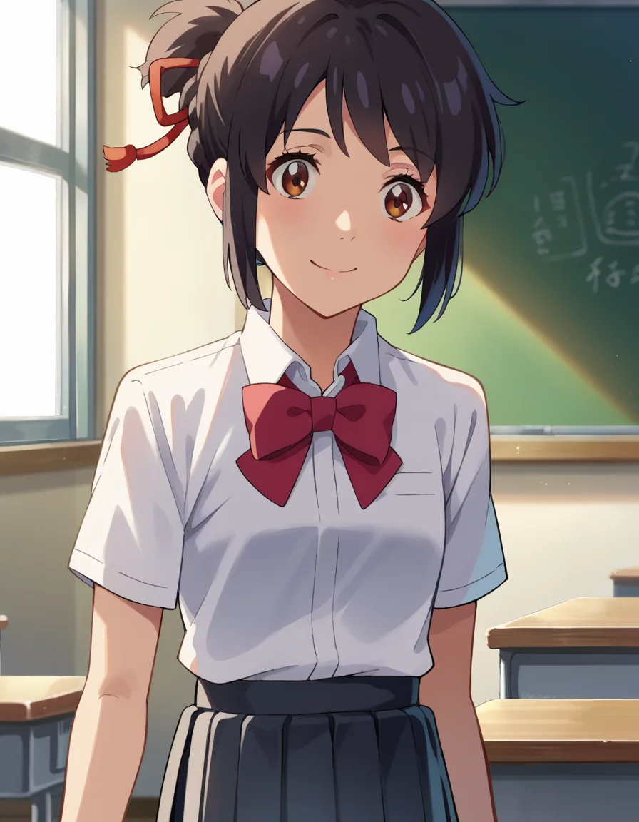 score_9, score_8_up, score_7_up, source_anime,
mitsuhamiyamizu, <lora:mitsuha-miyamizu-ponyxl-lora-nochekaiser:1>,
mitsuha miyamizu, black hair, brown eyes, smile,
short hair, bow, ribbon, hair bun, school uniform, hair ribbon, bowtie, red ribbon, shirt, white shirt, collared shirt, short sleeves, skirt, black skirt, pleated skirt,
indoors, classroom,
looking at viewer, dutch angle, cowboy shot,
