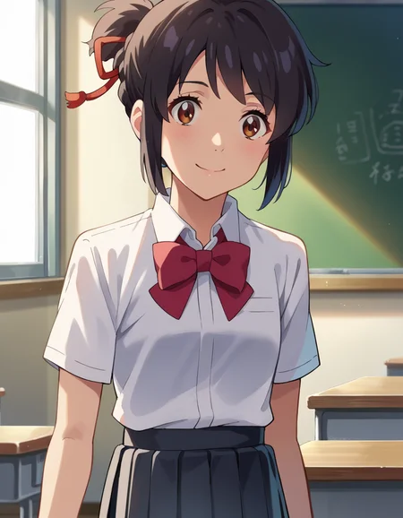 score_9, score_8_up, score_7_up, source_anime,
mitsuhamiyamizu, <lora:mitsuha-miyamizu-ponyxl-lora-nochekaiser:1>,
mitsuha miyamizu, black hair, brown eyes, smile,
short hair, bow, ribbon, hair bun, school uniform, hair ribbon, bowtie, red ribbon, shirt, white shirt, collared shirt, short sleeves, skirt, black skirt, pleated skirt,
indoors, classroom,
looking at viewer, dutch angle, cowboy shot,
