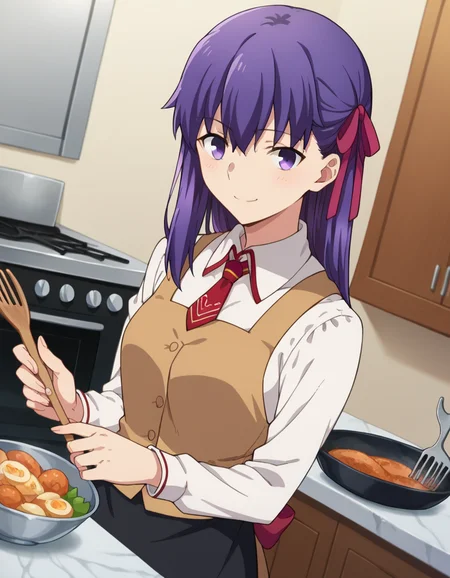 score_9, score_8_up, score_7_up, source_anime,
sakuramatou, <lora:sakura-matou-hf-ponyxl-lora-nochekaiser:1>,
sakura matou, long hair, purple eyes, purple hair, ribbon, hair ribbon, red ribbon, smile,
shirt, white shirt, collared shirt, long sleeves, neckertie, red neckertie, vest, light brown vest, skirt, black skirt, apron,
indoors, kitchen, food, cooking,
looking at viewer, dutch angle, cowboy shot,