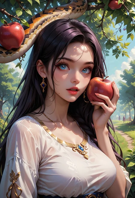 score_9, score_8_up, score_7_up, score_6_up, score_5_up, dynamic camera angle, closeup, 1girl, scene of a girl about to eat an apple, BREAK, 1girl, beautiful 24 years, very long dark hair, medium breasts, dazzling blue eyes, white tunic, holding apple, mouth open, about to bite apple, standing under a lush fruit tree, BREAK, ((large snake in frame, dangling from a tree branch, watching girl)), BREAK,
foreboding, high definition, best quality, ultra detailed, 8k
