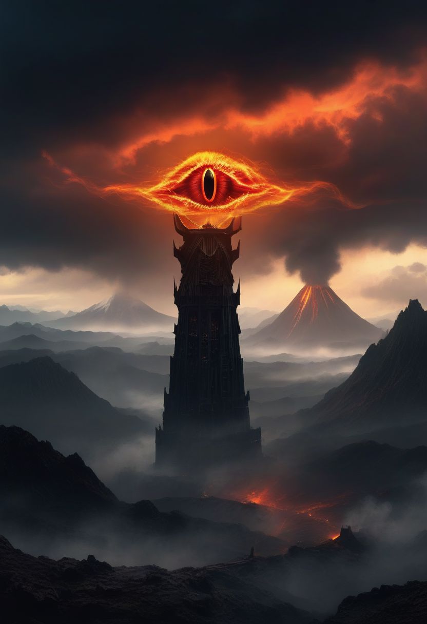 ((masterpiece, best quality)), high resolution, highly detailed, 32k picture, realistic, professional photo,    
cinematic, movie poster, warm colors, SauronsTower, eye focus, big eye, cloud, cloudy sky, mountain range, volcano,