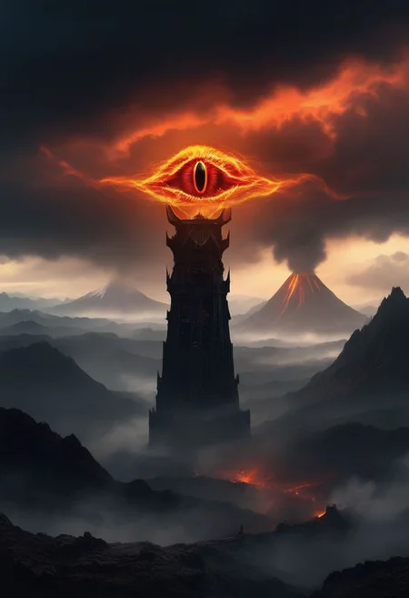 ((masterpiece, best quality)), high resolution, highly detailed, 32k picture, realistic, professional photo,
cinematic, movie poster, warm colors, SauronsTower, eye focus, big eye, cloud, cloudy sky, mountain range, volcano,
