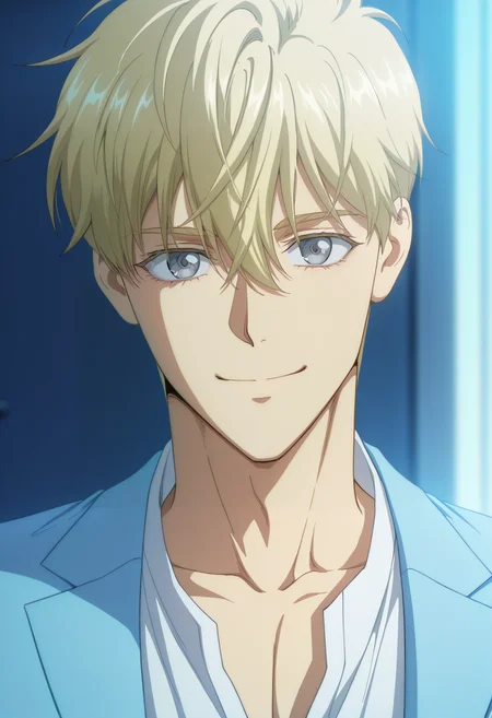 masterpiece, best quality, amazing quality,high resolution,official style,depth of field,anime screencap,anime coloring , , , 1boy, solo, male focus, <lora:Noah_Luire:0.90>,  noah luire,blonde hair,grey eyes,short hair,hair between 
 eyes,portrait,collarbone,smile,white shirt,blue jacket,collared shirt,looking at viewer