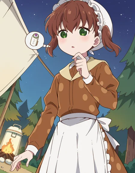 score_9, score_8_up, score_7_up, source_anime, <lora:nae-saikawa-s2-ponyxl-lora-nochekaiser:1>, nae saikawa, bangs, brown hair, hair between eyes, twintails, green eyes,, skirt, shirt, long sleeves, hat, collared shirt, apron, white headwear, polka dot, waist apron, white apron, frilled apron, brown shirt,, camping, bonfire, tent, stargazing, marshmallows, forest clearing, night, , , from below, solo,, dutch angle,