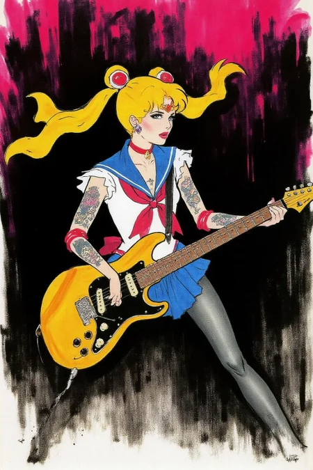 fashion sketch
punk sailor moon playing a guitar at a heavy metal mosh pit, tattoos, piercings.
<lora:regr2_fashion_nocap_d6a3:1.0><lora:807661990341318543:0>