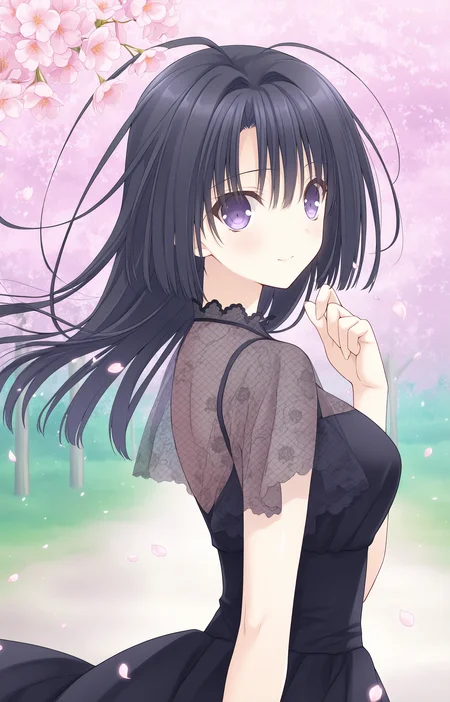 masterpiece, best quality, high quality, detailed, absurdres,newest, scenery, 1girl, solo, official style,best perspective,depth of field, very_aesthetic, best_quality ,high_resolusion, (8K:1.5),,crisp quality, ultra detailed,perfect anatomy,perfect lighting,anime screencap, perfect eyes,detailed eyes,<lora:Ookura_Risona_Illustrious_V2:1>,1girl,risona, black dress risona, bangs, black hair, hair between eyes, purple eyes,
1girl, solo, long hair, looking at viewer, flower, cherry blossoms, upper body, outdoors, floating hair, petals, smile, looking back, tree, blurry, blurry background, day, closed mouth, from side, pink flower, hand up,red string of fate, string,