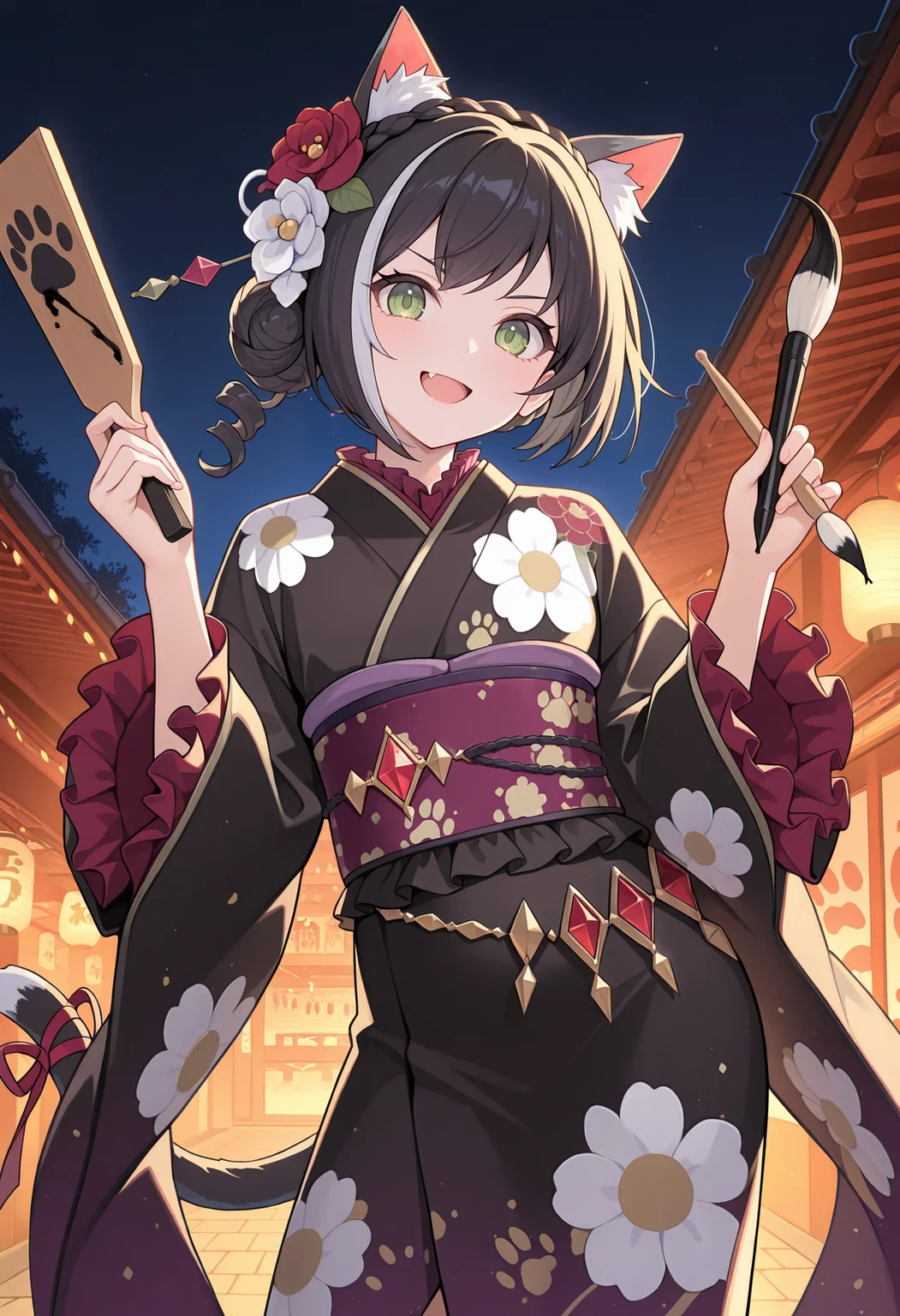highres, best quality, masterpiece, outdoors, night, lights, new year, sidelighting, contrapposto,
1girl, solo, pcrcal, black hair, streaked hair, cat ears, animal ear fluff, cat tail, green eyes, ringlets,
calny, hair flower, red flower, white flower, single hair bun, crown braid, black kimono, print kimono, frilled kimono, jewelry, belly chain, red gemstone, gem, paw printed obi, floral print, purple obi, long sleeves, tail ribbon,
looking at viewer, smile, serious, fang, open mouth,
calligraphy brush, paddle, holding paintbrush, hagoita, fhands up,
<lora:_kyaru_pcr-elesico-ilxlC:1>