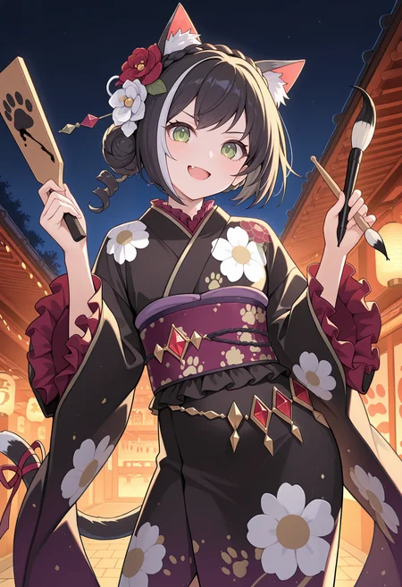 highres, best quality, masterpiece, outdoors, night, lights, new year, sidelighting, contrapposto,
1girl, solo, pcrcal, black hair, streaked hair, cat ears, animal ear fluff, cat tail, green eyes, ringlets,
calny, hair flower, red flower, white flower, single hair bun, crown braid, black kimono, print kimono, frilled kimono, jewelry, belly chain, red gemstone, gem, paw printed obi, floral print, purple obi, long sleeves, tail ribbon,
looking at viewer, smile, serious, fang, open mouth,
calligraphy brush, paddle, holding paintbrush, hagoita, fhands up,
<lora:_kyaru_pcr-elesico-ilxlC:1>