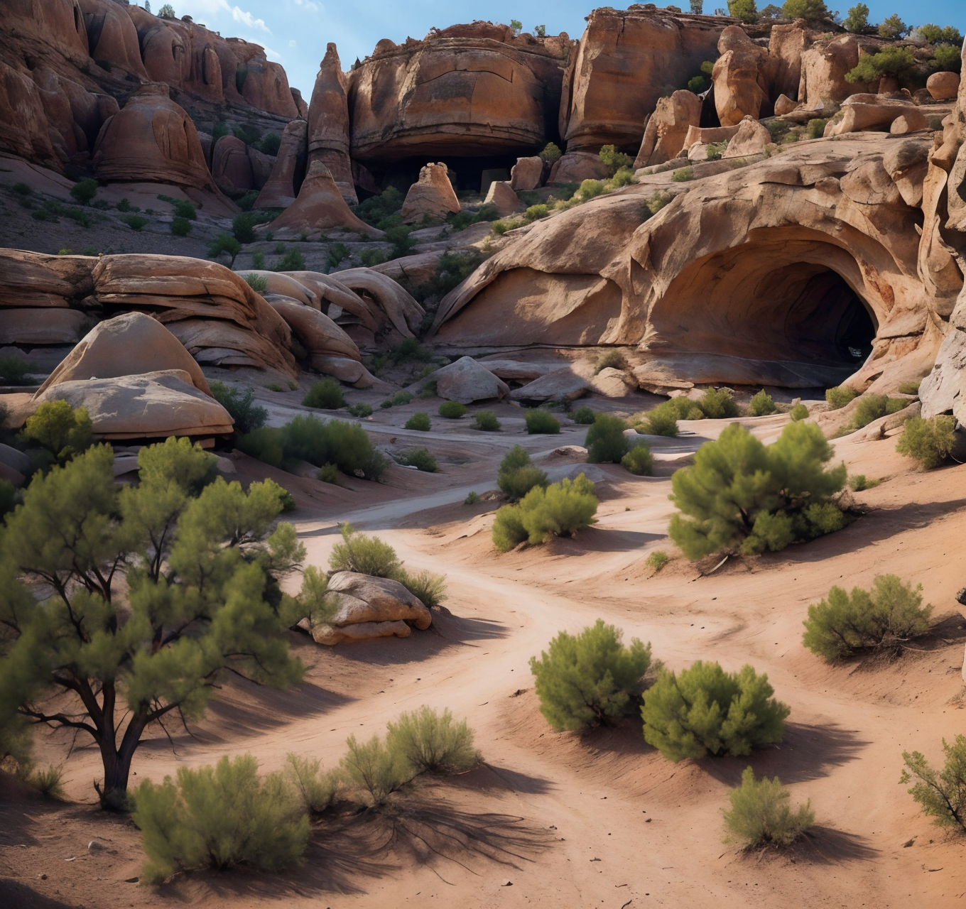 RAW photo, (masterpiece:1.3), subsurface scattering, heavy shadow, (high quality:1.4), (intricate, high detail:1.2), professional photography, HDR, High Dynamic Range, realistic, ultra realistic, photorealistic, high resolution, film photography, ambient lighting, atmospheric effects, <lora:detail_slider_v4:2>, OverallDetail,  <lora:Badlands:1>, badlands, barrel, building, bush, cave, cloudy sky, day, dirt, fantasy, flying, landscape, mountain, nature, no humans, outdoors, realistic, road, scenery, sky, stone wall, sun, traditional media, tree