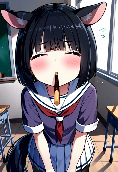 Score_9, score_8_up, score_7_up, score_6_up, score_5_up, score_4_up, alone, 1girl, Manako, short black hair, pony ears, flat chest, long tail, (Black eyes: 1.2)
Skirt, pleated skirt, serafuku, white skirt, long shirt, purple shirt, sailor collar, white sailor collar, long sleeves, scarf, yellow scarf, knee-high socks, pantyhose
, <lora:incoming-pocky-kiss-ponyxl-lora-nochekaiser:1>, incoming pocky kiss, looking at viewer, blush, food, mouth hold, flying sweatdrops, pocky, closed eyes, foreshortening, classroom, serafuku, school uniform, white shirt, blue sailor collar, blue skirt, pleated skirt, short sleeves, neckerchief, red neckerchief