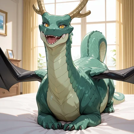 1girl, highres, absurdres, newest, masterpiece, best quality, furry, furry_female, Tohru_kobayashi, dragon, green scales, black wings, horns, tail, claws, yellow eyes, slit pupils, 1girl, spread wings, (quadruped, feral:1.4), detailed eyes, (on belly, on_stomach:1.2), open_mouth, open mouth smile, luxurious detailed room, bright room, day scene, professional lighting, white bed, solo, bedroom, smiling, seductive, looking_at_viewer, masterpiece, close up, safe