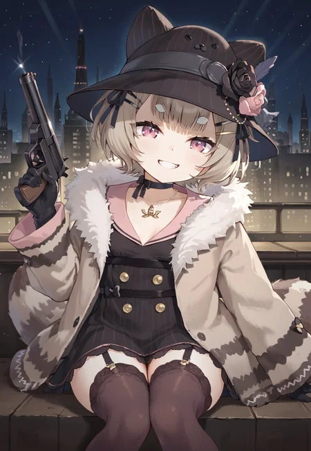 1girl, solo, solo focus, highres, absurdres, FamigliaPanko, short hair, raccoon ears, 

black choker, long sleeves, bangs, hair ornament, hairclip, raccoon tail, animal hat, black dress, brown thighhighs, pink eyes, brown hair, fur-trimmed coat, animal ear fluff, black ribbon, hat flower, sleeves past wrists, black headwear, black gloves, pink sailor collar, hair ribbon, jacket, collarbone, garter straps, necklace, thick eyebrows, small breasts, striped tail, double-breasted, buttons,

looking at viewer, sitting, knee up, hand up, holding gun, handgun, m1911, evil grin,

cityscape, neon lights, dark, night, night sky, 

light particles, backlighting, shade, light rays, lens flare, shiny skin, fine fabric emphasis,