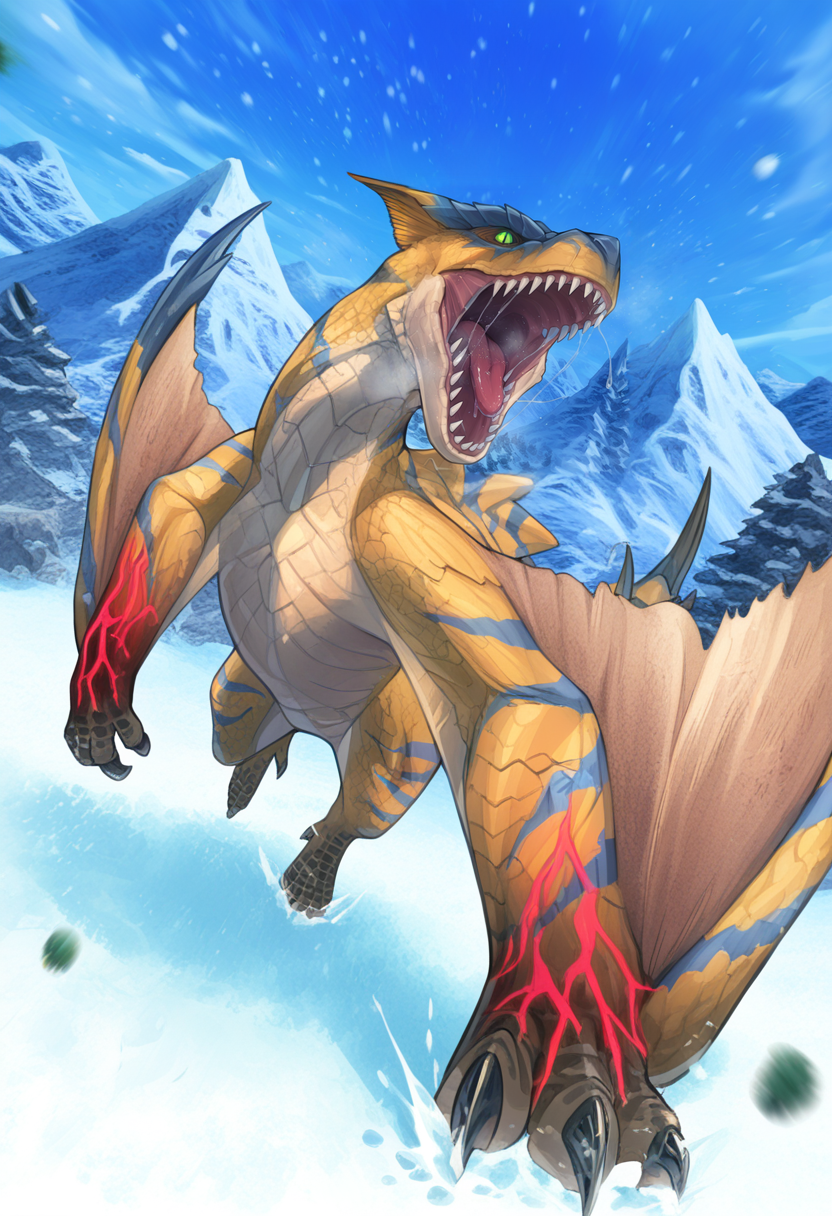 <lora:MH_Tigrex_a1_4_NoobXL-eps:1>,<lora:EatSleep1111StyleSDXL11:0.7>,<lora:merrytailSDXLstyle:0.3>,eatsleep1111,merrytail,masterpiece,best quality,amazing quality,high quality,very aesthetic,absurdres,newest,shaded,digital media \(artwork\),depth of field,mhtgrx,solo,feral,detailed background,green eyes,no sclera,slit pupils,blue stripes,winged arms,snow,mountain,snowing,glowing veins,action pose,reaching out,open mouth,saliva string,dutch angle,
