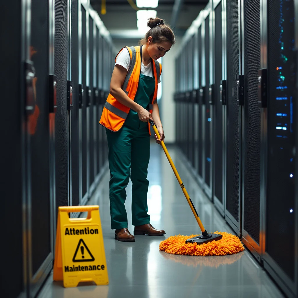 The janitor is mopping the floors in the server room, and there's a sign on the floor in front of her with attention text "just a Maintenance."