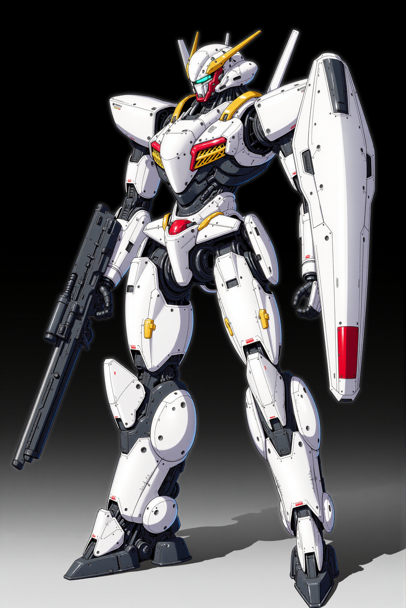 <lora:Mecha_Anime_style_v.1:0.8> A white-armored humanoid mecha with sleek, angular plating and red micro-markings stands in a confident power stance against a seamless dark gradient background, holding a long-barreled railgun in its right hand and a reinforced shield with a tapered edge in its left. The design features sharp helmet fins, recessed gold visor detailing, and compact reactor modules integrated along the torso and hips, blending high-mobility aesthetics with militaristic efficiency. Rendered in crisp cel-shaded anime style, the figure exudes precision and poise, its limbs articulated with mechanical tendons and piston-lined joints, evoking the tactical grace of elite mobile suits in advanced warfare.