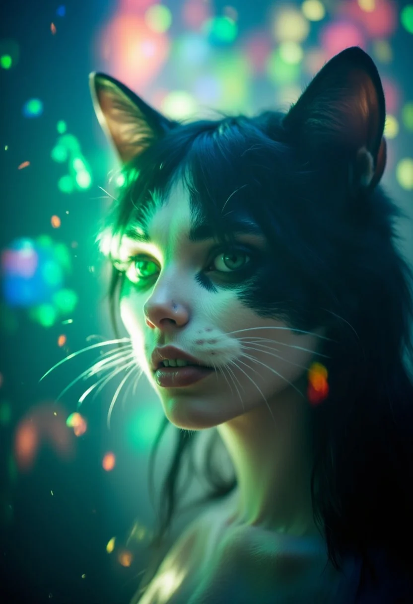 A high-key, overexposed close-up portrait of a anthropomorphic Cat seamlessly blends into a vibrant, abstract, and ethereal light display. Her delicate fur and features emerge through the blinding glow, her gaze intense yet dreamlike. The cascading light refracts across her face, casting prismatic hues—deep greens and blues on one side, transitioning to a radiant blend of teal, pinks, and whites on the other. Lens flares dance around her, merging with her dark hair as if she is dissolving into the luminous void. Soft focus and fluid blurs enhance the surreal, almost liquid-like atmosphere, making it unclear where she ends and the light begins.