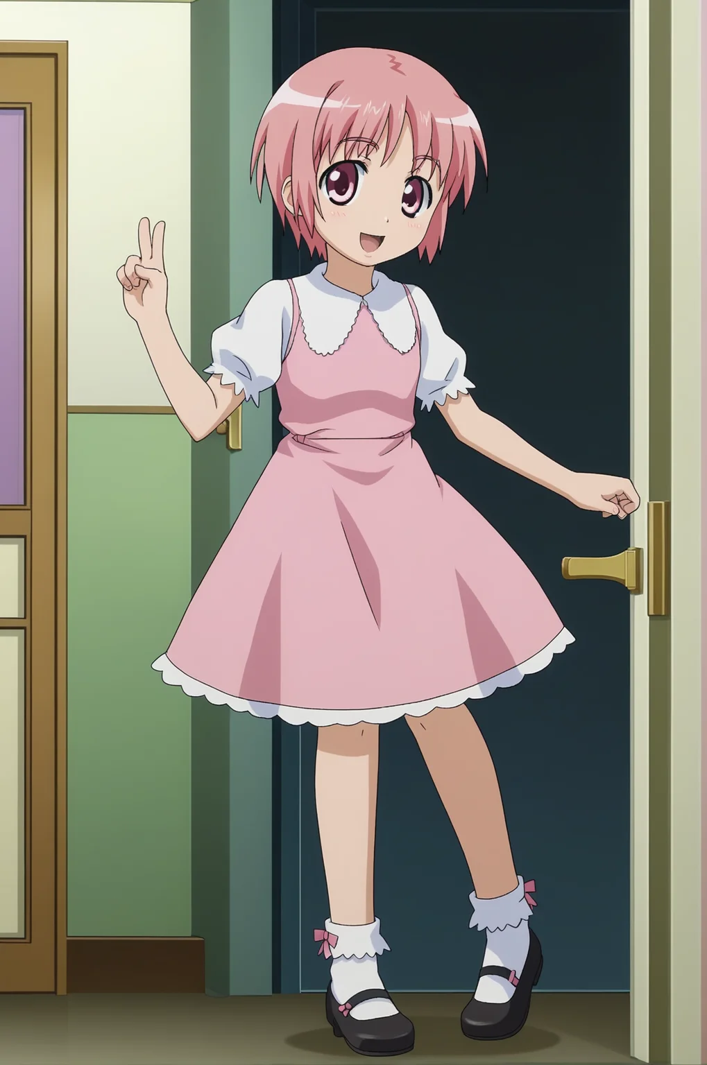 1girl, <lora:Komoe_Tsukuyomi_PonyXL_v1:1>, pink hair, short hair, pink eyes, pink dress, bobby socks, mary janes,
