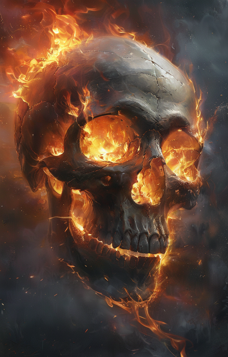 masterpiece,best quality,<lora:tbh60-sdxl:0.75>,burning skull animals