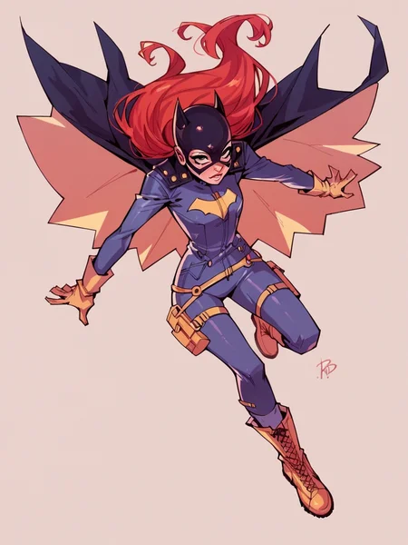 score_9, score_8_up, score_7_up, score_6_up, score_5_up, <lora:B4tgirlXLP:1> b4tgirl, 1girl, solo, mask, gloves, bodysuit, long hair, cape, red hair, utility belt, boots