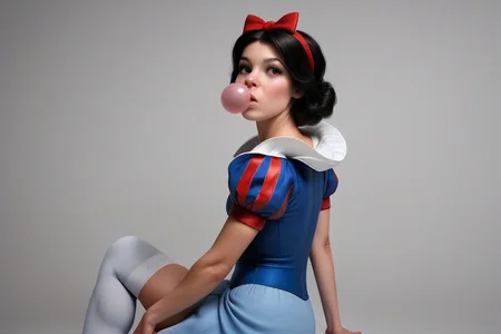 Snow White realistic, thighhighs, tight clothes, bubble gum, <lora:2000s_Indie_Sleaze:0.65> <lora:princess_pony_v1(1):0.55> fine fabric emphasis,, score_9, score_8_up, score_7_up, score_6, score_5, score_4,