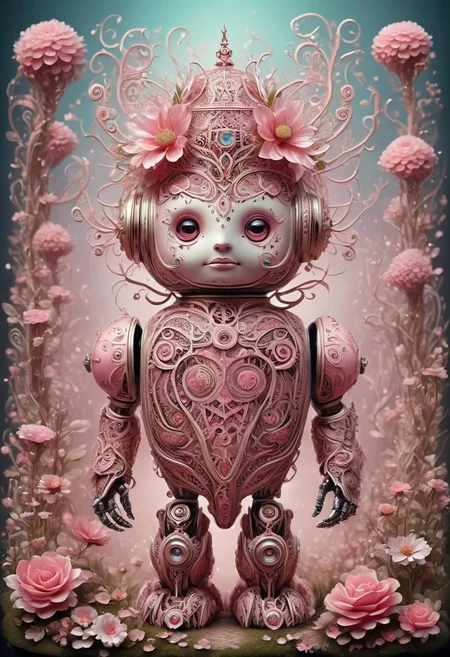 angelic manuka robot, cute, fantasy, intricate details, ethereal, strawberry pink theme
